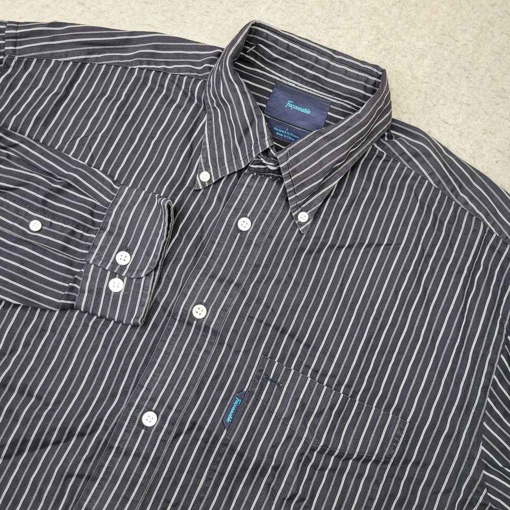 Faconnable Shirt Mens L Black Striped Long Sleeve Button‎ Down France